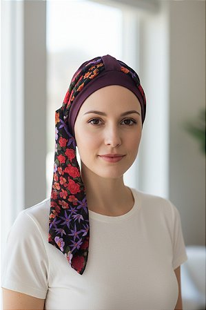 Turbante Aatma Vinho UV 50+ com Lenço Jardim Noturno
