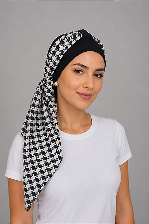 Turbante Aatma Preto com Lenço Pied de Poule
