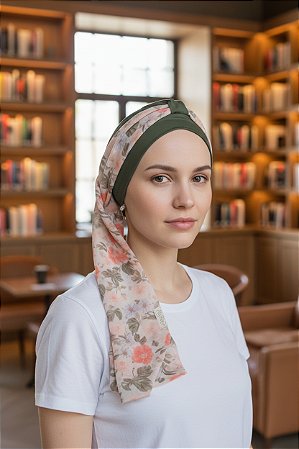 Turbante Aatma Verde UV 50+ com Lenço Rosa em Flor