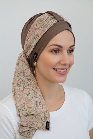 Turbante Aatma Castanho UV 50+ com Lenço Jardim Suave