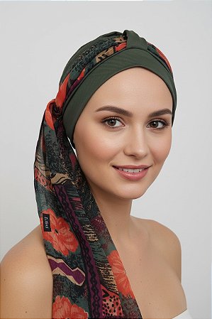 Turbante Aatma Verde Listras UV 50+ com Lenço Cores Vivas