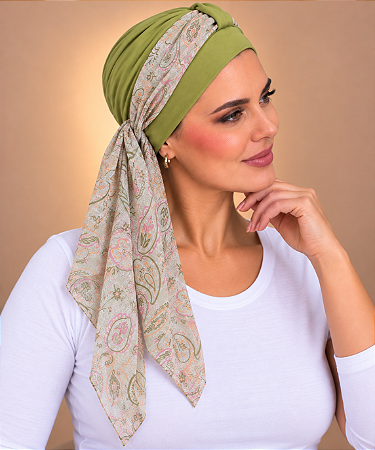 Turbante Aatma Verde Oliva com Lenço Jardim Suave