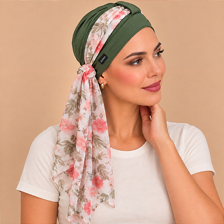 Turbante Aatma Verde Listras UV 50+ com Lenço Twilly Rosa em Flor