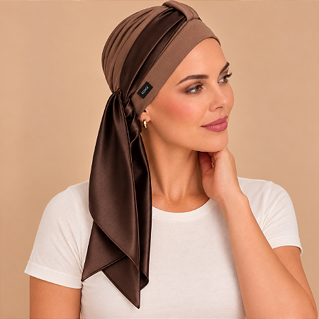 Turbante Aatma Castanho UV 50+ com Lenço Aura de Bronze