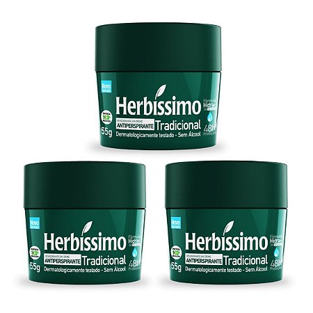 Kit 3 Desodorante Creme Herbissimo Tradicional Antitranspirante 55g