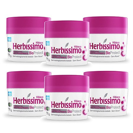 Kit 6 Desodorante Creme Herbissimo Bioprotect Hibisco Antitranspirante 55g
