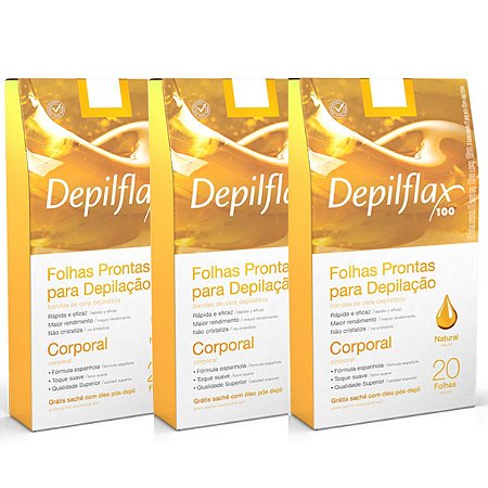 Folhas Prontas Depilflax Para Depilação Corporal  Kit C/3 Natural