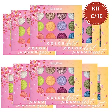 Kit C/10 Ruby Rose Paleta Glitter Color Fest 10g Ref.hb-8408
