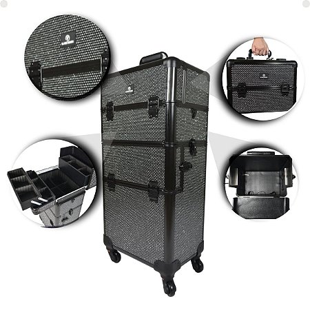 Maleta Carrinho 2 em 1 Klass Vough 2 Andares 4 Rodinhas com Strass DB-913T-BL
