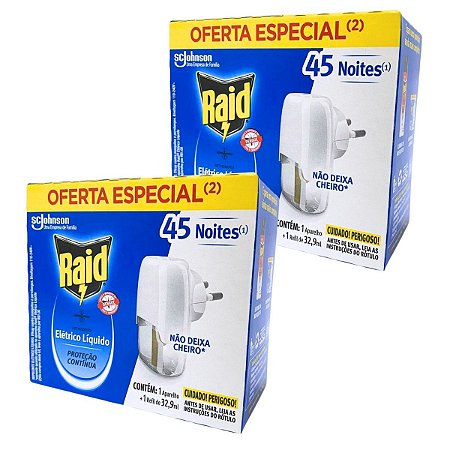 Kit Repelente Elétrico Líquido Raid C /2 Aparelho + Refil Sem Cheiro 32,9ml