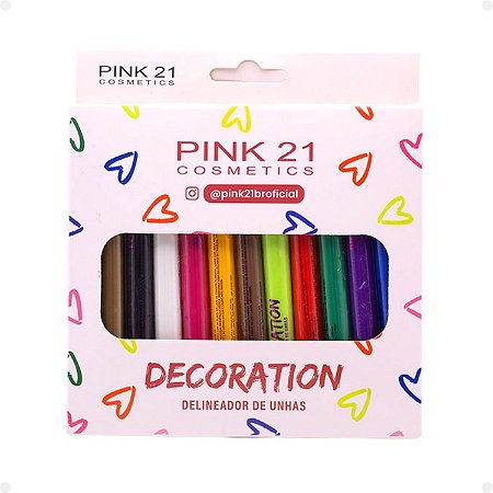 Kit Caneta Delineadora de Unhas Pink 21 Decoration Com 12