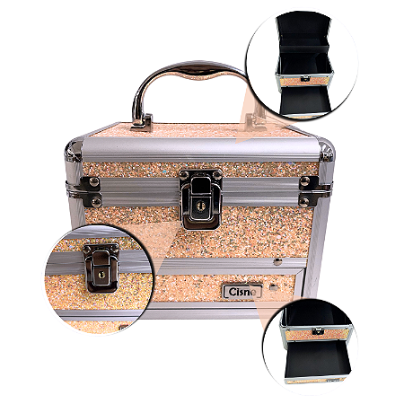 Maleta de Maquiagem Cisne Linha Shine Salmão Glitter e Prata Csn-5122B