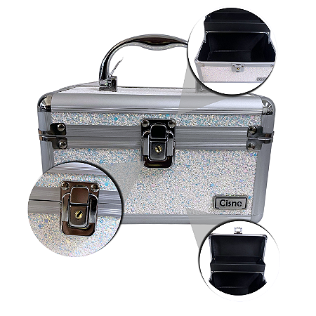 Maleta de Maquiagem Cisne Linha Shine Branco Glitter e Prata Csn-5120B