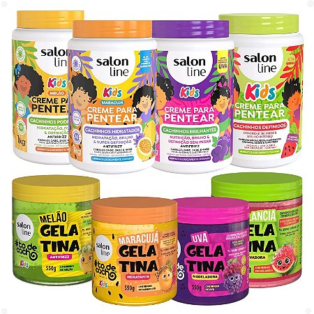 Kit Completo Salon Line Kids: 4 Cremes e 4 Gelatinas Melão, Maracujá, Uva e Melancia