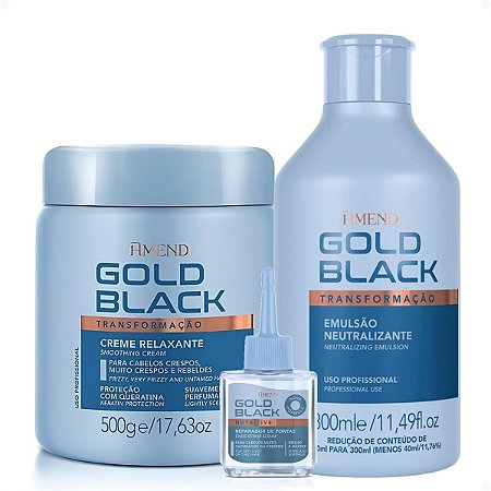 Kit Amend Gold Black: Creme Relaxante Amônia 500g, Emulsão Neutralizante 300ml e Reparador