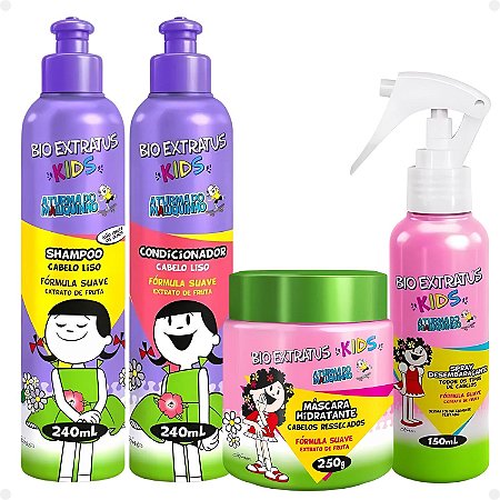 Kit Bio Extratus Kids A Turma do Maluquinho Lisos: Shampoo, Condicionador, Máscara e Spray