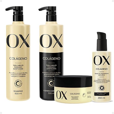 Kit Ox Colágeno: Shampoo, Condicionador 500ml, Máscara e Sérum Tratamento Noturno