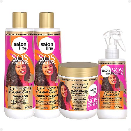 Kit Salon Line Sos Cachos De Repente Pronta!: Shampoo, Condicionador, Máscara e Creme Fluido