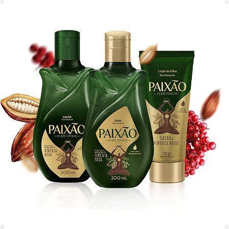 Kit Paixão Cacau E Pimenta Rosa: Deo Corporal, Óleo Corporal e Loção De Mãos