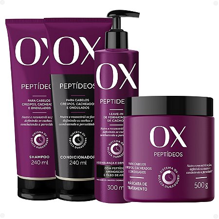 Kit OX Peptídeos Cabelos Crespos, Cacheados e Ondulados: Shampoo 240ml, Condicionador 240ml, Máscara de Tratamento 500g e Leave-in 300g