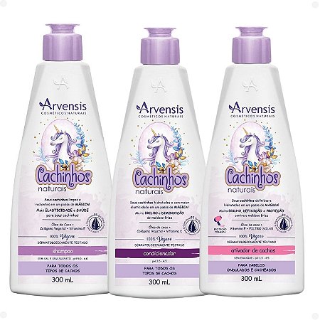 Kit Arvensis Cachinhos Naturais Cabelos Ondulados e Cacheados: Shampoo 300ml, Condicionador 300ml e Ativador de Cachos 300ml