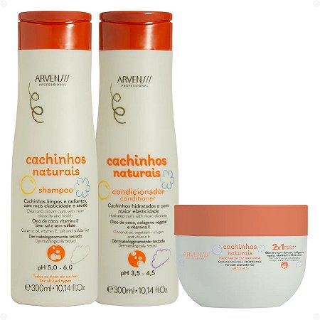 Kit Arvensis Cachinhos Naturais Cabelos Crespos e Crespíssimos: Shampoo 300ml, Condicionador 300ml e Creme 2x1 250g