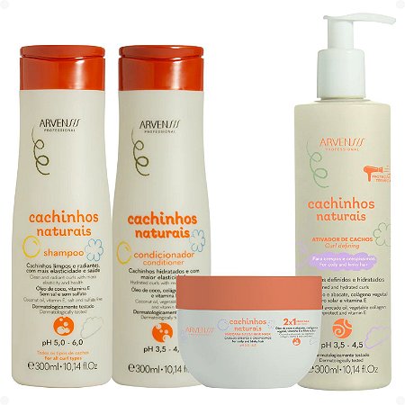 Kit Arvensis Cachinhos Naturais Cabelos Crespos e Crespíssimos: Shampoo 300ml, Condicionador 300ml, Creme 2x1 250g e Ativador de Cachos 300ml