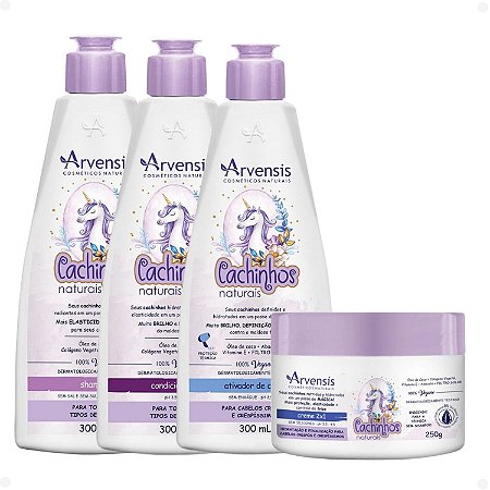 Kit Arvensis Cachinhos Naturais Cabelos Crespos e Crespíssimos: Shampoo 300ml, Condicionador 300ml, Creme 2x1 250g e Ativador de Cachos 300ml