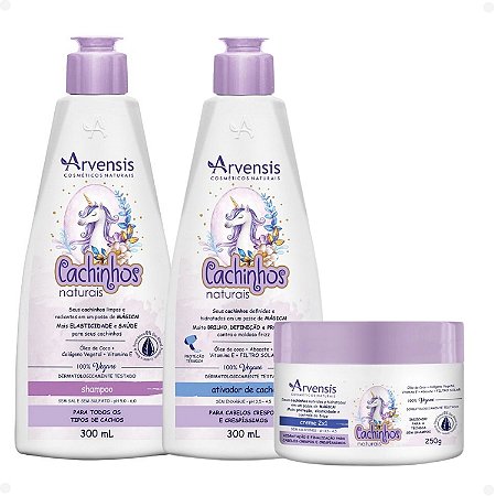 Kit Arvensis Cachinhos Naturais Cabelos Crespos e Crespíssimos: Shampoo 300ml, Creme 2x1 250g e Ativador de Cachos 300ml