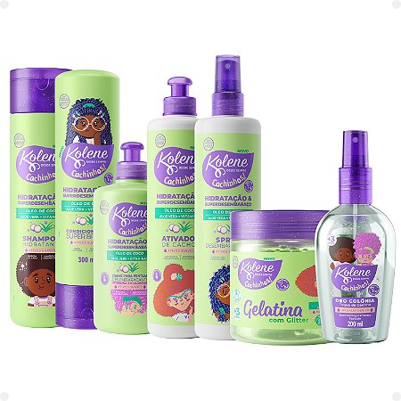 Kit Kolene Cachinhos: Shampoo, Condicionador, Creme para Pentear, Ativador de Cachos, Spray Desembaraçante, Gelatina e Deo Colônia
