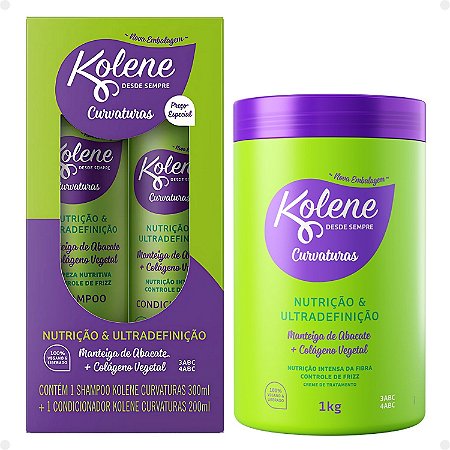 Kit Kolene Curvaturas Nutrição e Ultradefinição: Shampoo 300ml e Condicionador 200ml + Creme de Tratamento 1Kg
