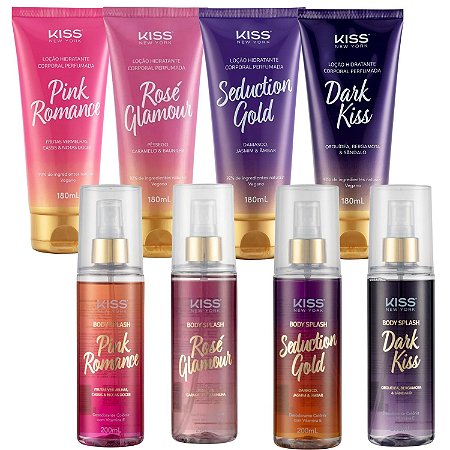 Kit Kiss New York Loção Corporal e Body Splash: Rosé Glamour, Seduction Gold, Dark Kiss e Pink Romance 180ml