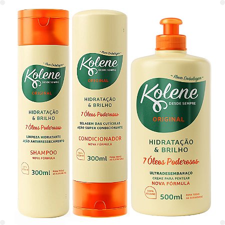 Kit Kolene Original Hidratação e Brilho: Shampoo, Condicionador 300ml e Creme para Pentear 500ml