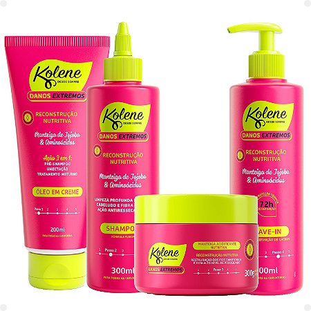 Kit Kolene Danos Extremos Reconstrução Nutritiva: Óleo em Creme, Shampoo, Manteiga Acidificante e Leave-In