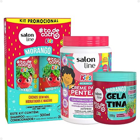 Kit Salon Line Kids: Shampoo e Condicionador + Creme para Pentear 1kg e Gelatina Desembaraçante Morango