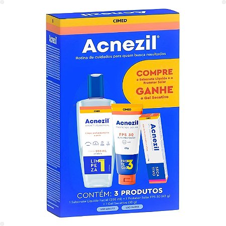 Kit Cimed Acnezil: 1 Sabonete Líquido 200ml, 1 Protetor Solar FPS 30 60g e 1 Gel Secativo 10g