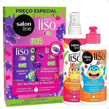 Kit Salon Line Meu Liso Kids: Shampoo 300ml e Condicionador 200ml Uva + Creme para Pentear 250ml e Spray Desembaraçante 240ml