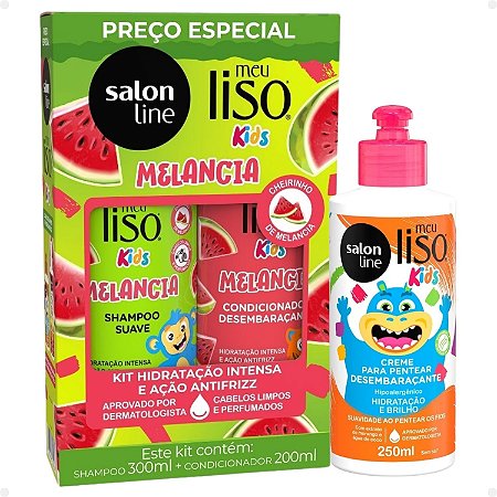 Kit Salon Line Meu Liso Kids: Shampoo 300ml e Condicionador 200ml Melancia + Creme para Pentear 250ml