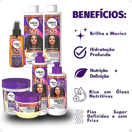 Kit Salon Line SOS Cachos Super Óleos: Shampoo 300ml e Condicionador 200ml + Creme Para Pentear 300ml, Ativador de Cachos 300ml, Máscara de Tratamento 300g, Gelatina 400g e Óleo de Tratamento 100ml