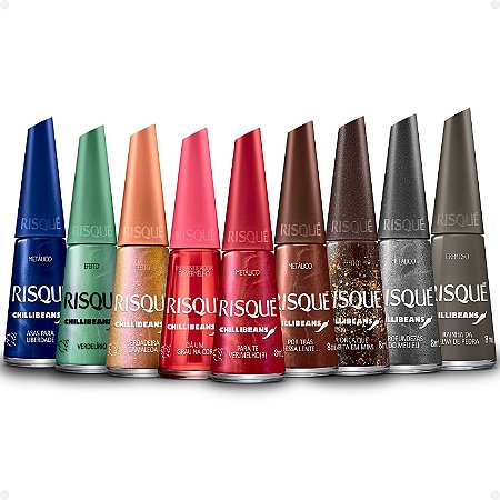Kit Risqué Chilli Beans: 9 Esmaltes Rainha da Selva, Por Trás, Ver.Melho(r), Profundezas, Asas, Camaleoa, Verdelírio, Onça e Intensificador