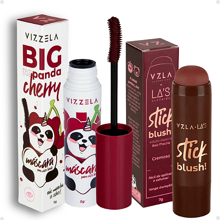 Kit Vizzela: Blush Stick Red e Máscara de Cílios No Panda Big Bordô