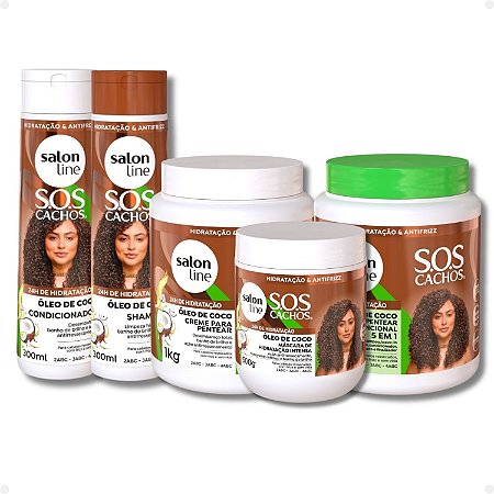 Kit Salon Line SOS Cachos Óleo De Coco: Shampoo, Condicionador, Máscara, Ativador E Creme 5 Em 1 + Mimos