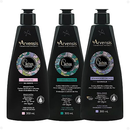 Kit Arvensis Cachos Naturais Cabelos Ondulados e Cacheados: Shampoo, Condicionador e Ativador de Cachos 300ml