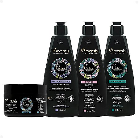 Kit Arvensis Cachos Naturais Cabelos Ondulados e Cacheados: Shampoo 300ml, Condicionador 300ml, Máscara 250g e Ativador de Cachos 300ml