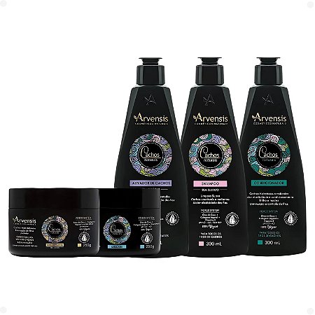 Kit Arvensis Cachos Naturais Cabelos Ondulados e Cacheados: Shampoo 300ml, Condicionador 300ml, Máscara 250g, Ativador de Cachos 300ml e Geleia Ativadora 250g