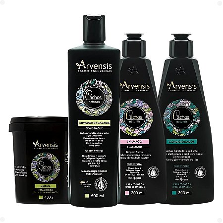Kit Arvensis Cachos Naturais Cabelos Crespos e Crespíssimos: Shampoo 300ml, Condicionador 300ml, Máscara 450g e Ativador de Cachos 500ml