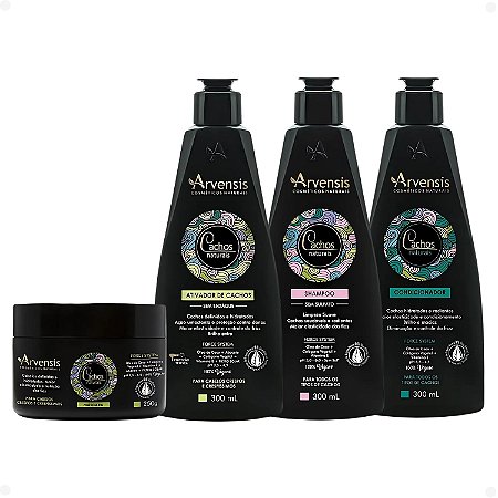 Kit Arvensis Cachos Naturais Cabelos Crespos e Crespíssimos: Shampoo 300ml, Condicionador 300ml, Máscara 250g e Ativador de Cachos 300ml