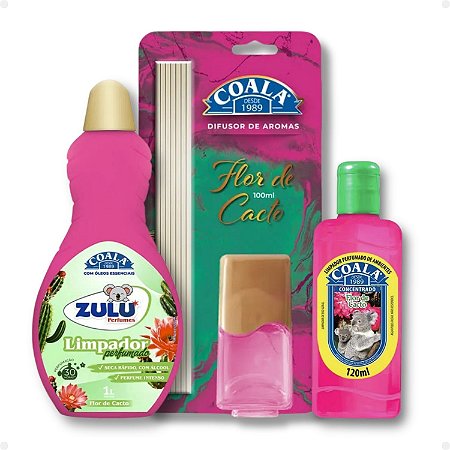 Kit Coala Zulu Perfumes Flor De Cacto: Difusor De Aromas 100ml, Limpador Perfumado 120ml E Limpador Perfumado 500ml