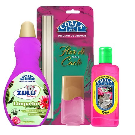 Kit Coala Zulu Perfumes Flor De Cacto: Difusor De Aromas 100ml, Limpador Perfumado 120ml E Limpador Perfumado 500ml