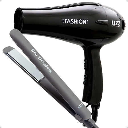 Kit Lizz: Secador Fashion Preto 2200w 220v e Prancha Neo Titanium Cinza 230°C Bivolt